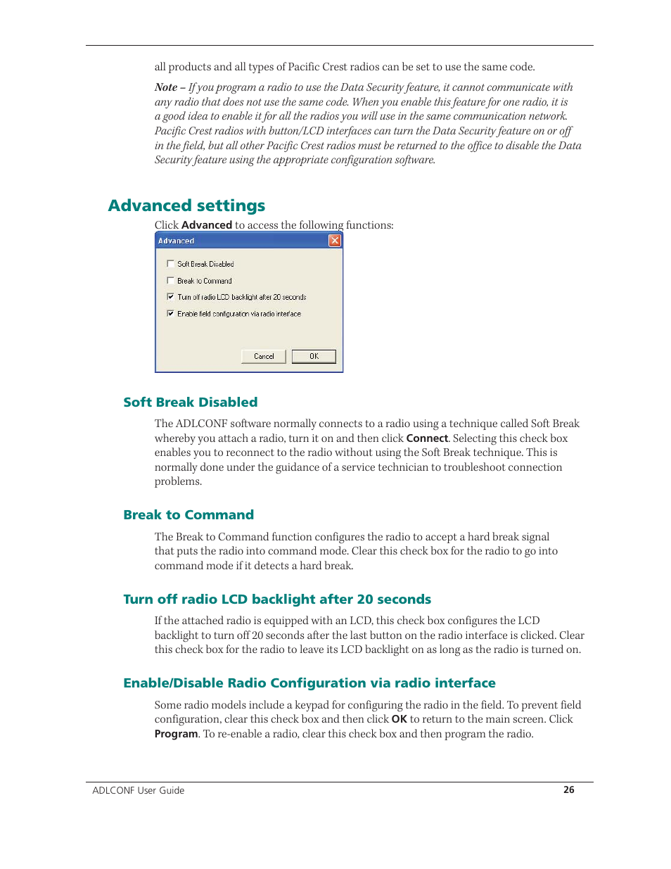 Advanced settings | Spectra Precision ADLCONF User Guide User Manual | Page 26 / 36
