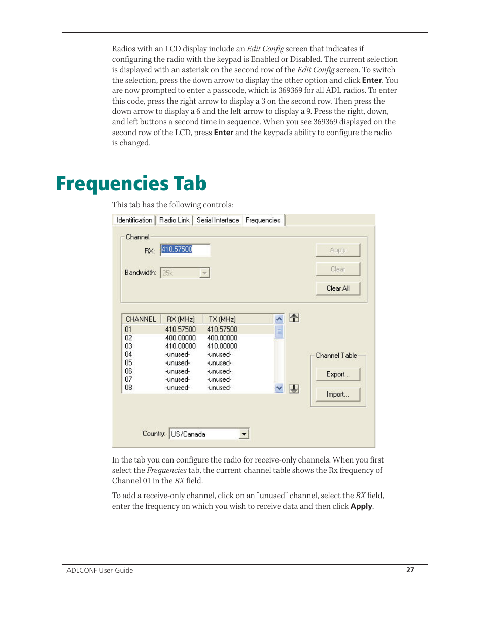 Frequencies tab | Spectra Precision ADLCONF User Guide User Manual | Page 27 / 36