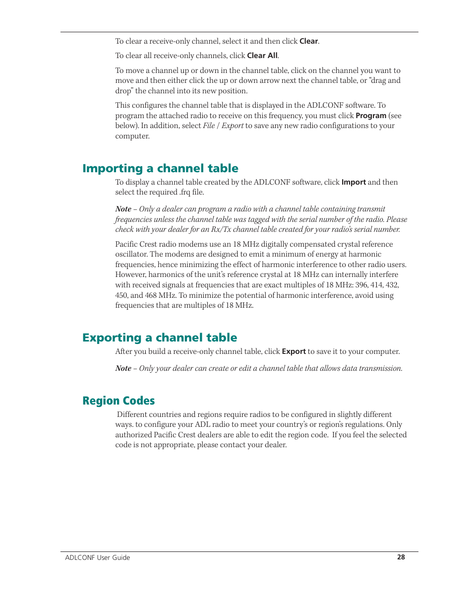 Importing a channel table, Exporting a channel table, Region codes | Spectra Precision ADLCONF User Guide User Manual | Page 28 / 36
