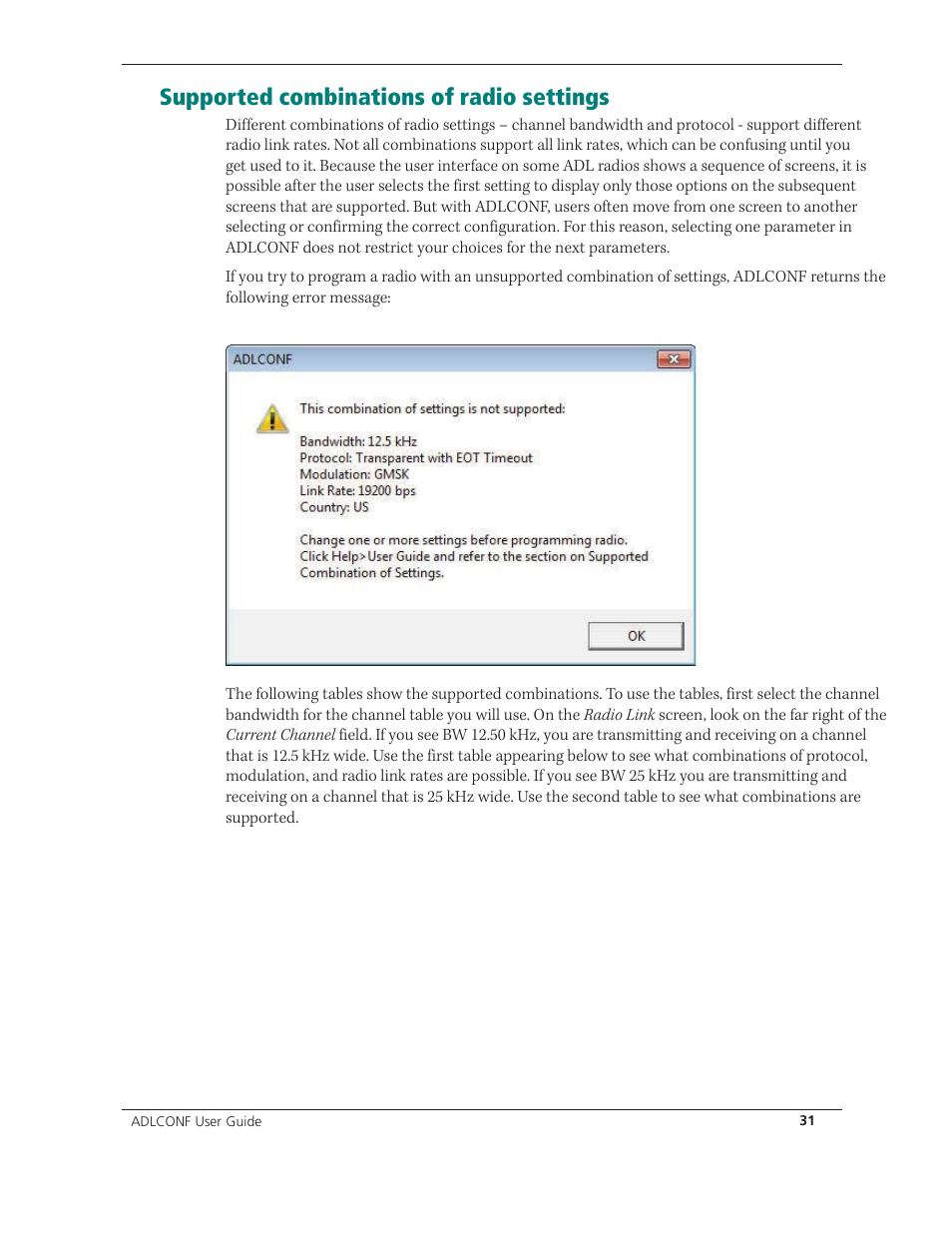 Supported combinations of radio settings | Spectra Precision ADLCONF User Guide User Manual | Page 31 / 36