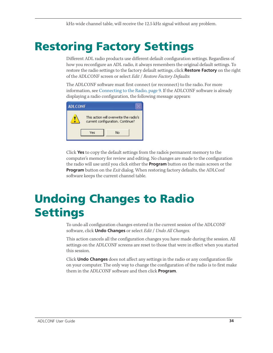 Restoring factory settings, Undoing changes to radio settings | Spectra Precision ADLCONF User Guide User Manual | Page 34 / 36