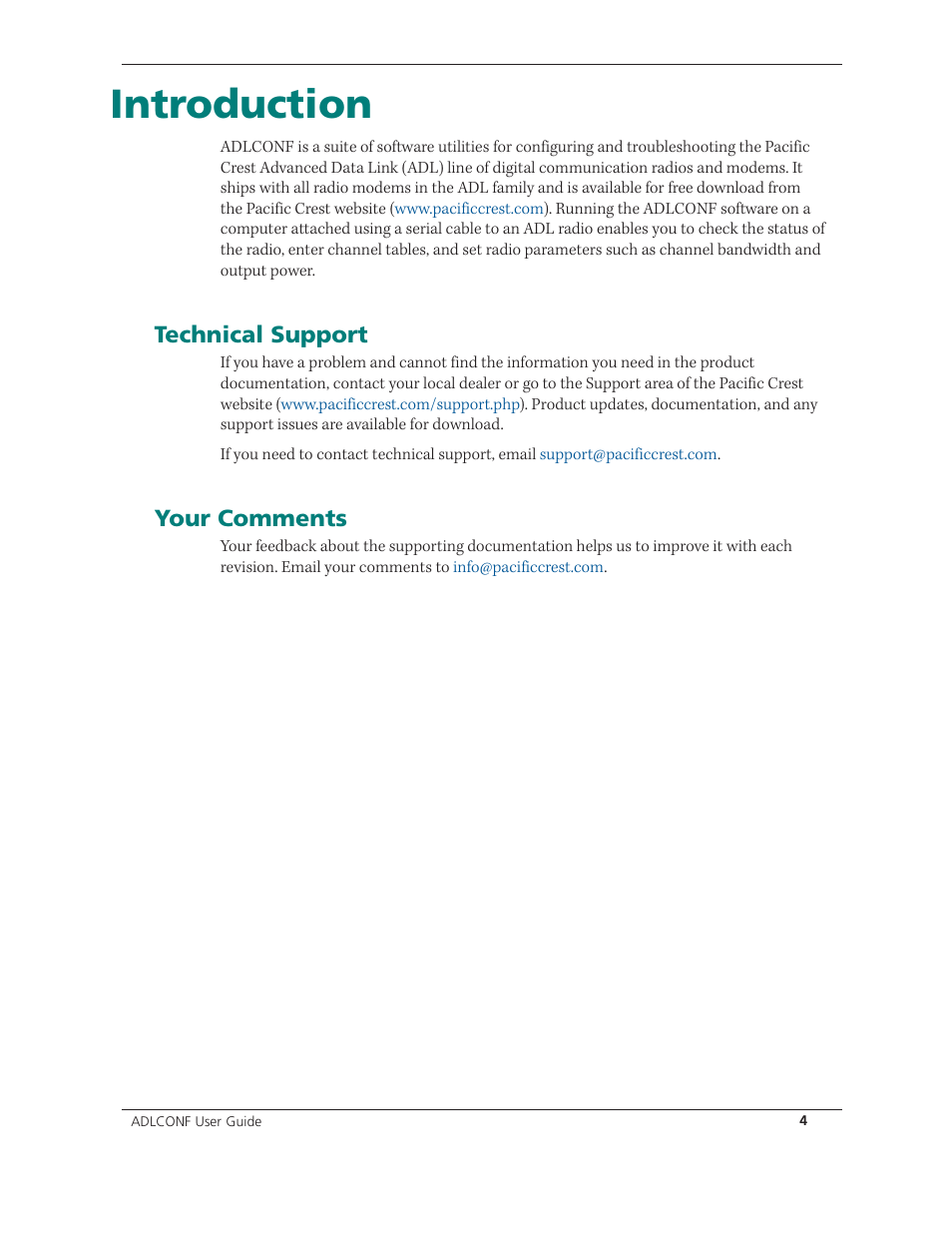 Introduction, Technical support, Your comments | Spectra Precision ADLCONF User Guide User Manual | Page 4 / 36