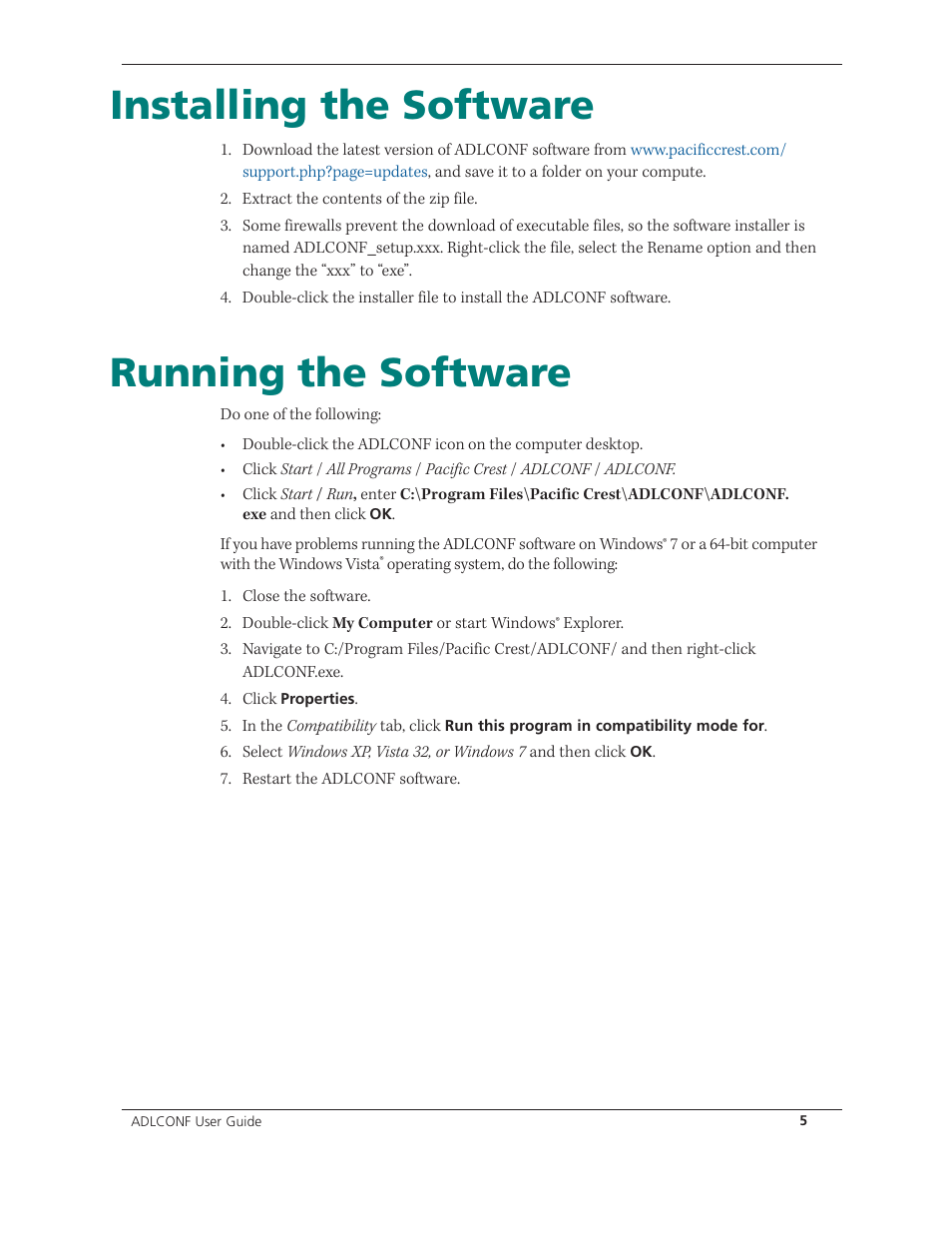 Installing the software, Running the software | Spectra Precision ADLCONF User Guide User Manual | Page 5 / 36