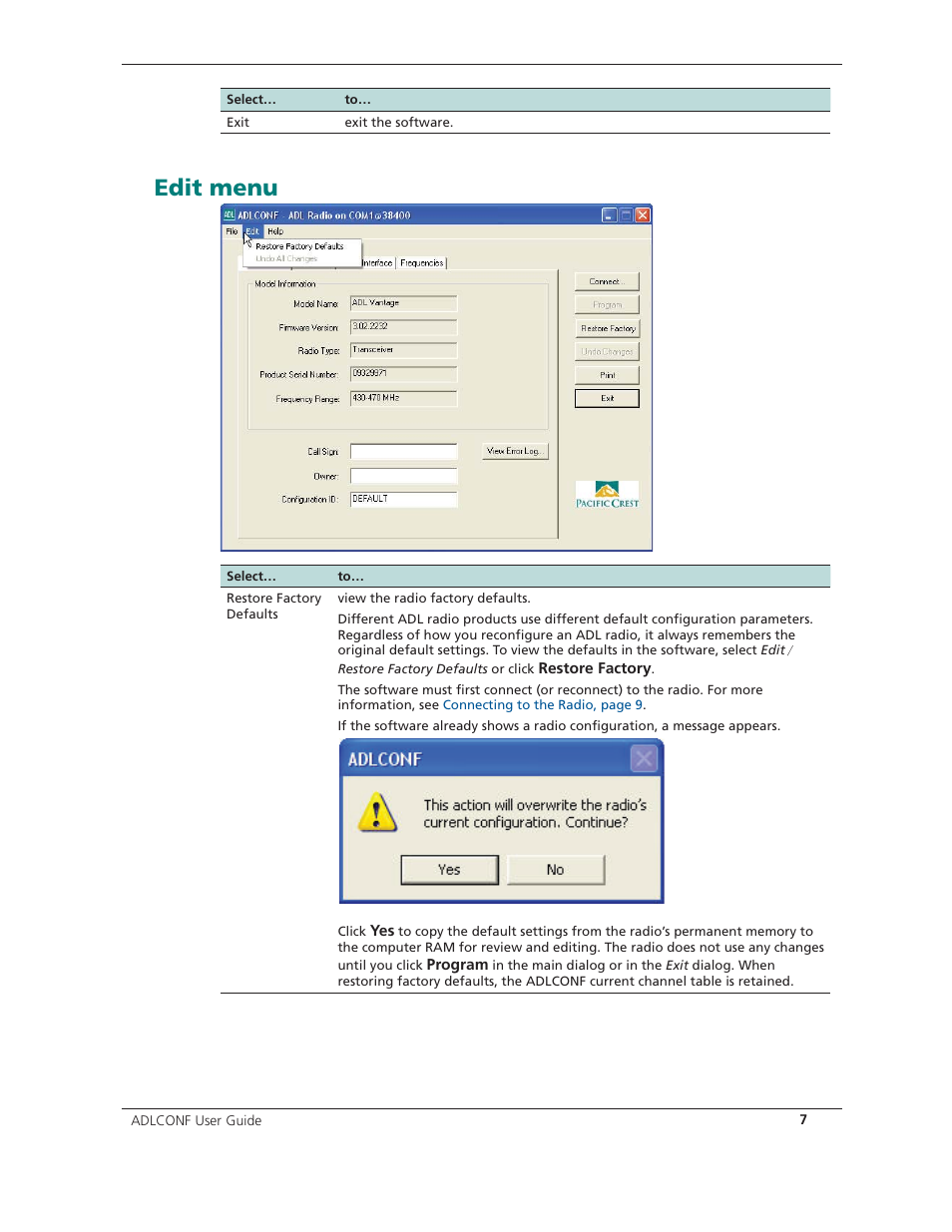 Edit menu | Spectra Precision ADLCONF User Guide User Manual | Page 7 / 36