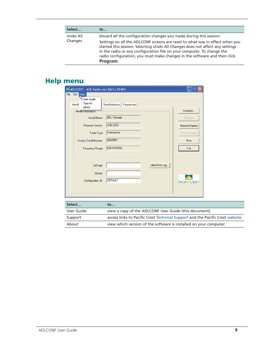 Help menu | Spectra Precision ADLCONF User Guide User Manual | Page 8 / 36
