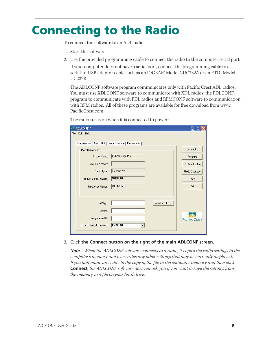 Connecting to the radio | Spectra Precision ADLCONF User Guide User Manual | Page 9 / 36