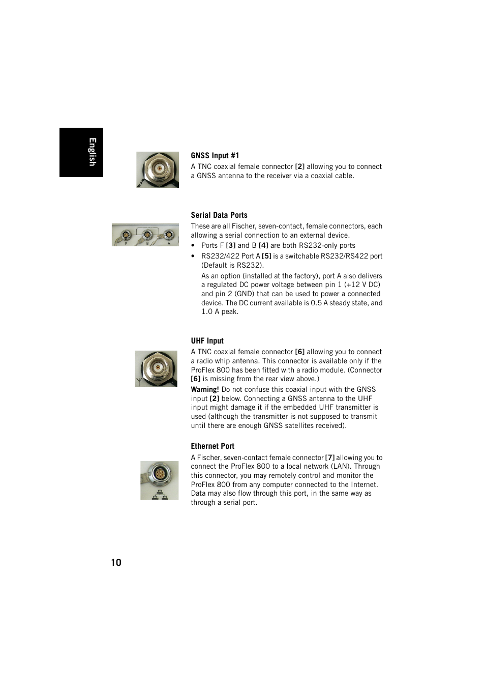 Gnss input #1, Serial data ports, Uhf input | Ethernet port | Spectra Precision ProFlex 800 Backpack User Manual | Page 14 / 38