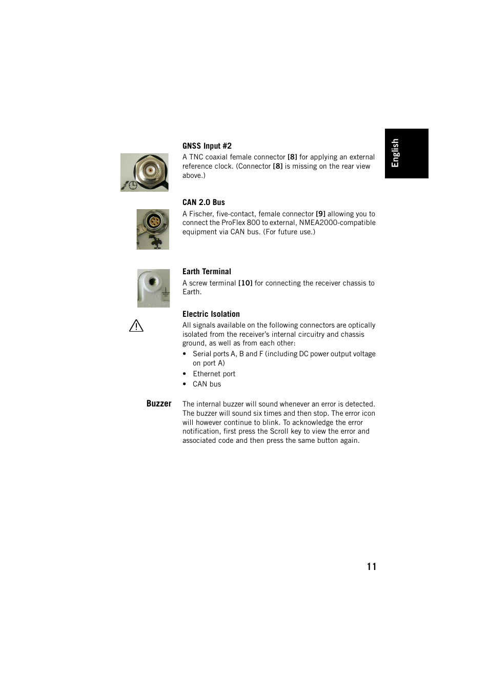 Gnss input #2, Can 2.0 bus, Earth terminal | Electric isolation, Buzzer | Spectra Precision ProFlex 800 Backpack User Manual | Page 15 / 38