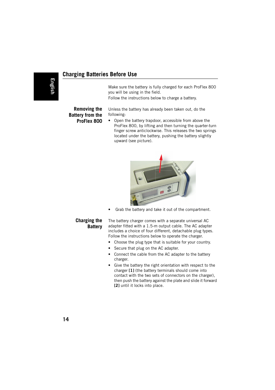 Charging batteries before use, Removing the battery from the proflex 800, Charging the battery | Spectra Precision ProFlex 800 Backpack User Manual | Page 18 / 38
