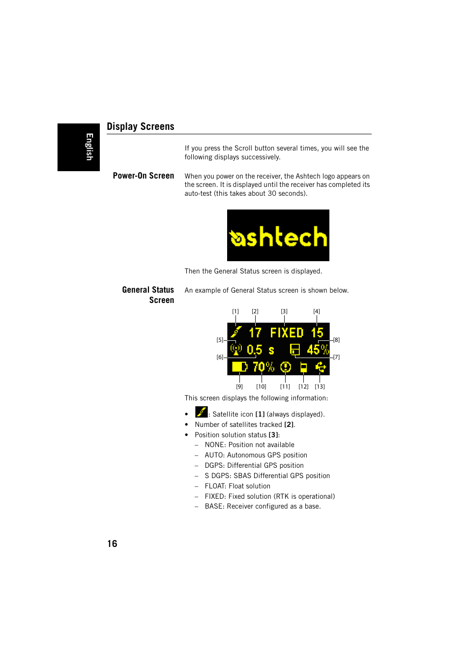 Display screens, Power-on screen, General status screen | Power-on screen general status screen | Spectra Precision ProFlex 800 Backpack User Manual | Page 20 / 38