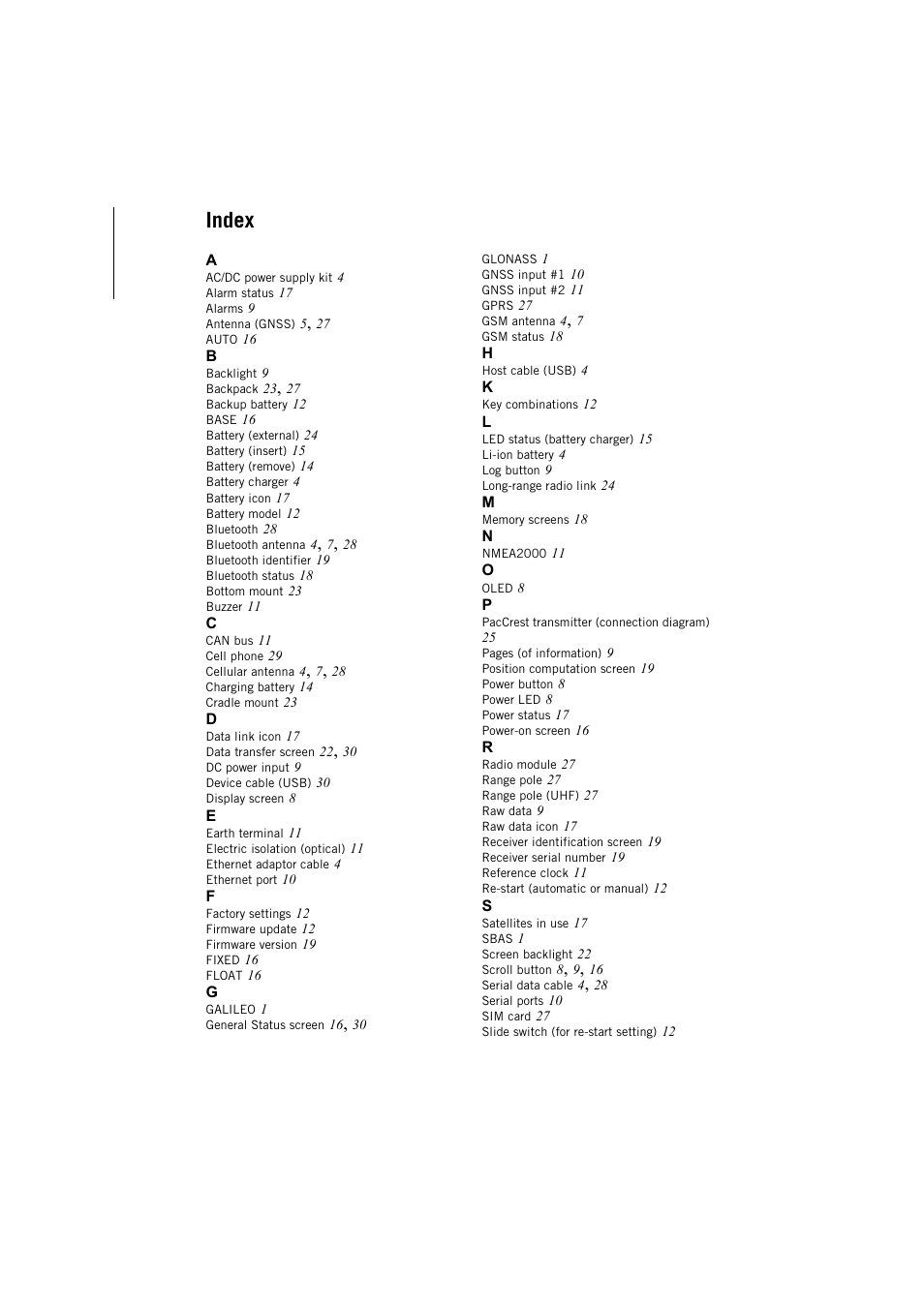 Index | Spectra Precision ProFlex 800 Backpack User Manual | Page 36 / 38