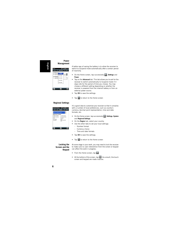 Power management, Regional settings, Locking the screen and the keypad | Spectra Precision ProMark 120/220 Handheld Platform User Manual | Page 12 / 46