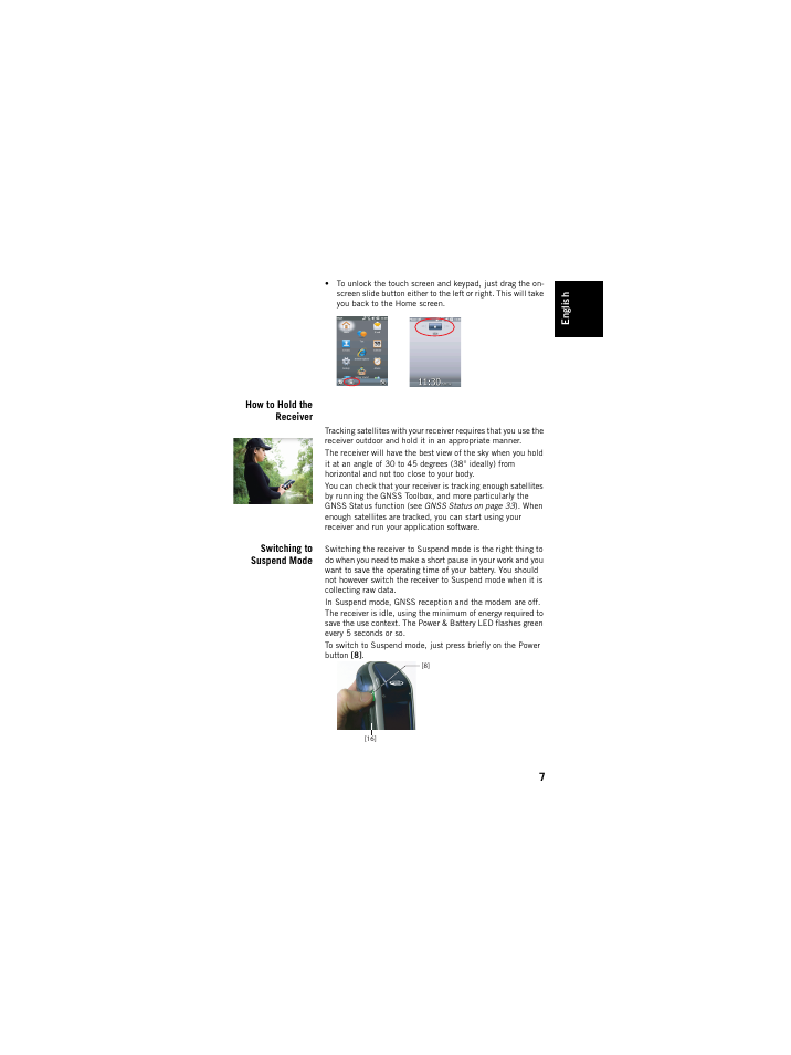 How to hold the receiver, Switching to suspend mode, How to hold the receiver switching to suspend mode | Spectra Precision ProMark 120/220 Handheld Platform User Manual | Page 13 / 46