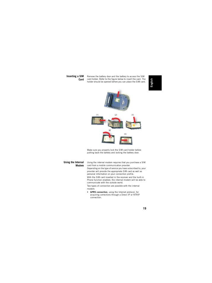 Inserting a sim card, Using the internal modem, Inserting a sim card using the internal modem | Spectra Precision ProMark 120/220 Handheld Platform User Manual | Page 25 / 46