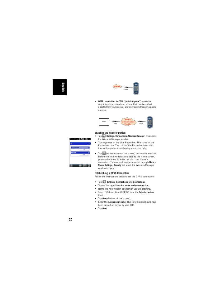 Enabling the phone function, Establishing a gprs connection | Spectra Precision ProMark 120/220 Handheld Platform User Manual | Page 26 / 46
