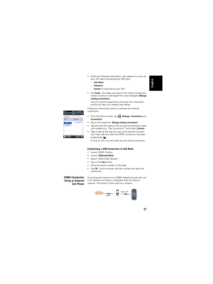 Establishing a gsm connection in csd mode, Cdma connection using an external cell phone | Spectra Precision ProMark 120/220 Handheld Platform User Manual | Page 27 / 46