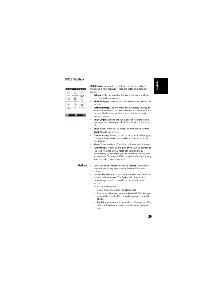Gnss toolbox, Options | Spectra Precision ProMark 120/220 Handheld Platform User Manual | Page 35 / 46