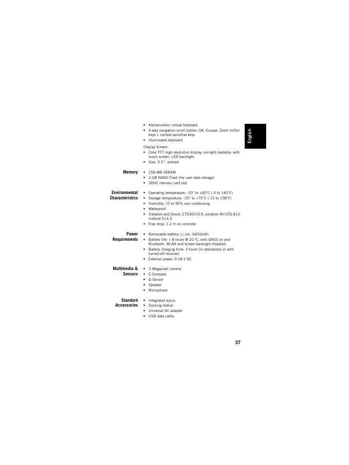 Memory, Environmental characteristics, Power requirements | Multimedia & sensors, Standard accessories | Spectra Precision ProMark 120/220 Handheld Platform User Manual | Page 43 / 46