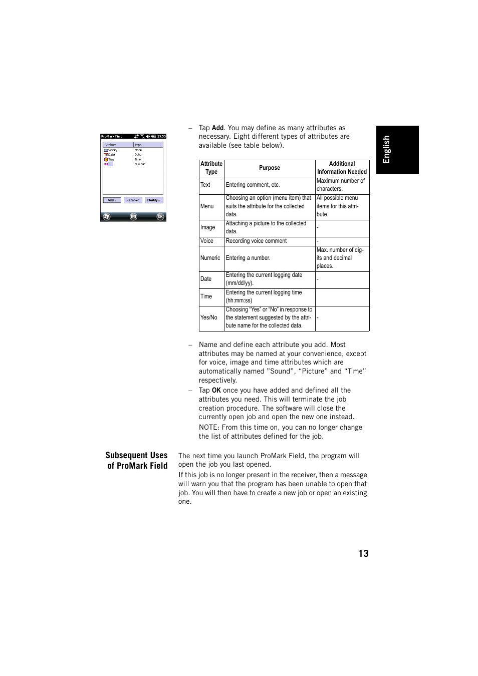 Subsequent uses of promark field, Engl ish | Spectra Precision ProMark Field Software User Manual | Page 19 / 72