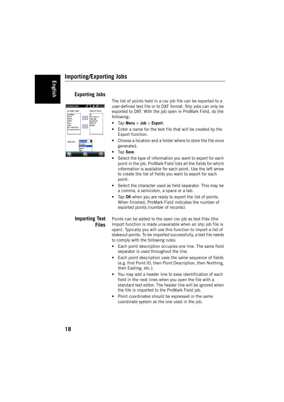 Importing/exporting jobs, Exporting jobs, Importing text files | Exporting jobs importing text files | Spectra Precision ProMark Field Software User Manual | Page 24 / 72