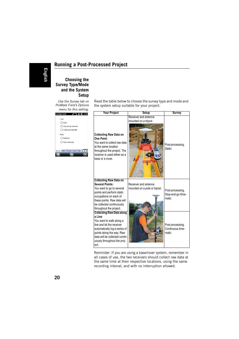 Running a post-processed project, Choosing the survey type/mode and the system setup | Spectra Precision ProMark Field Software User Manual | Page 26 / 72