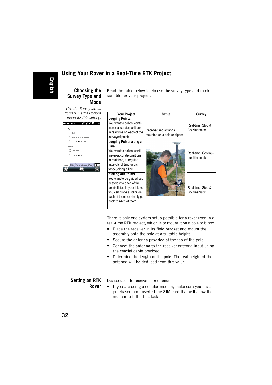 Using your rover in a real-time rtk project, Choosing the survey type and mode, Setting an rtk rover | Spectra Precision ProMark Field Software User Manual | Page 38 / 72