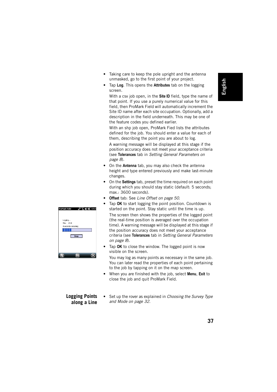Logging points along a line | Spectra Precision ProMark Field Software User Manual | Page 43 / 72