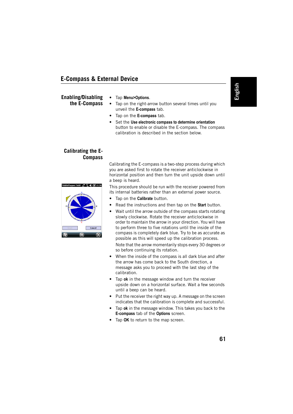 E-compass & external device, Enabling/disabling the e-compass, Calibrating the e- compass | Spectra Precision ProMark Field Software User Manual | Page 67 / 72