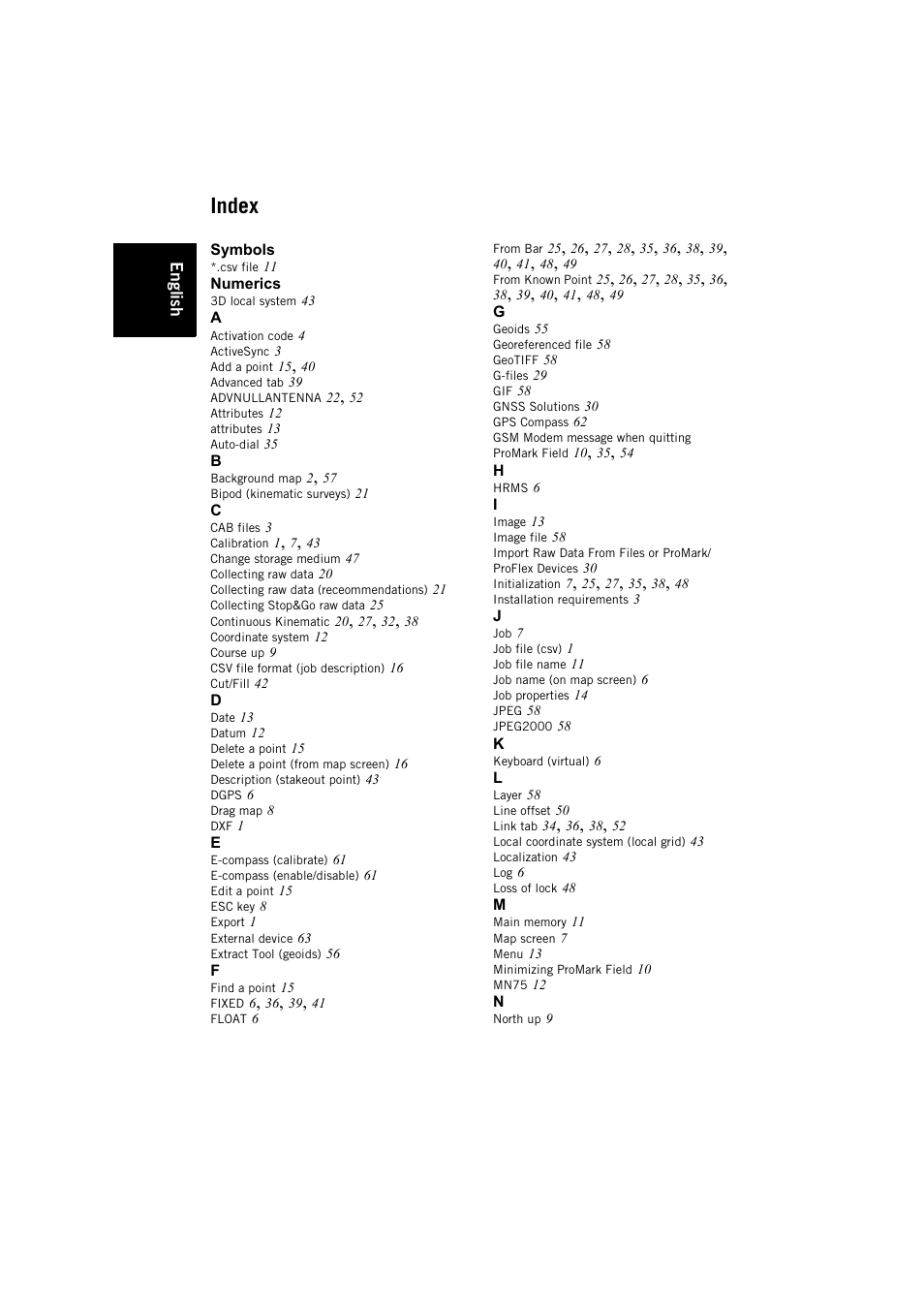Index | Spectra Precision ProMark Field Software User Manual | Page 70 / 72