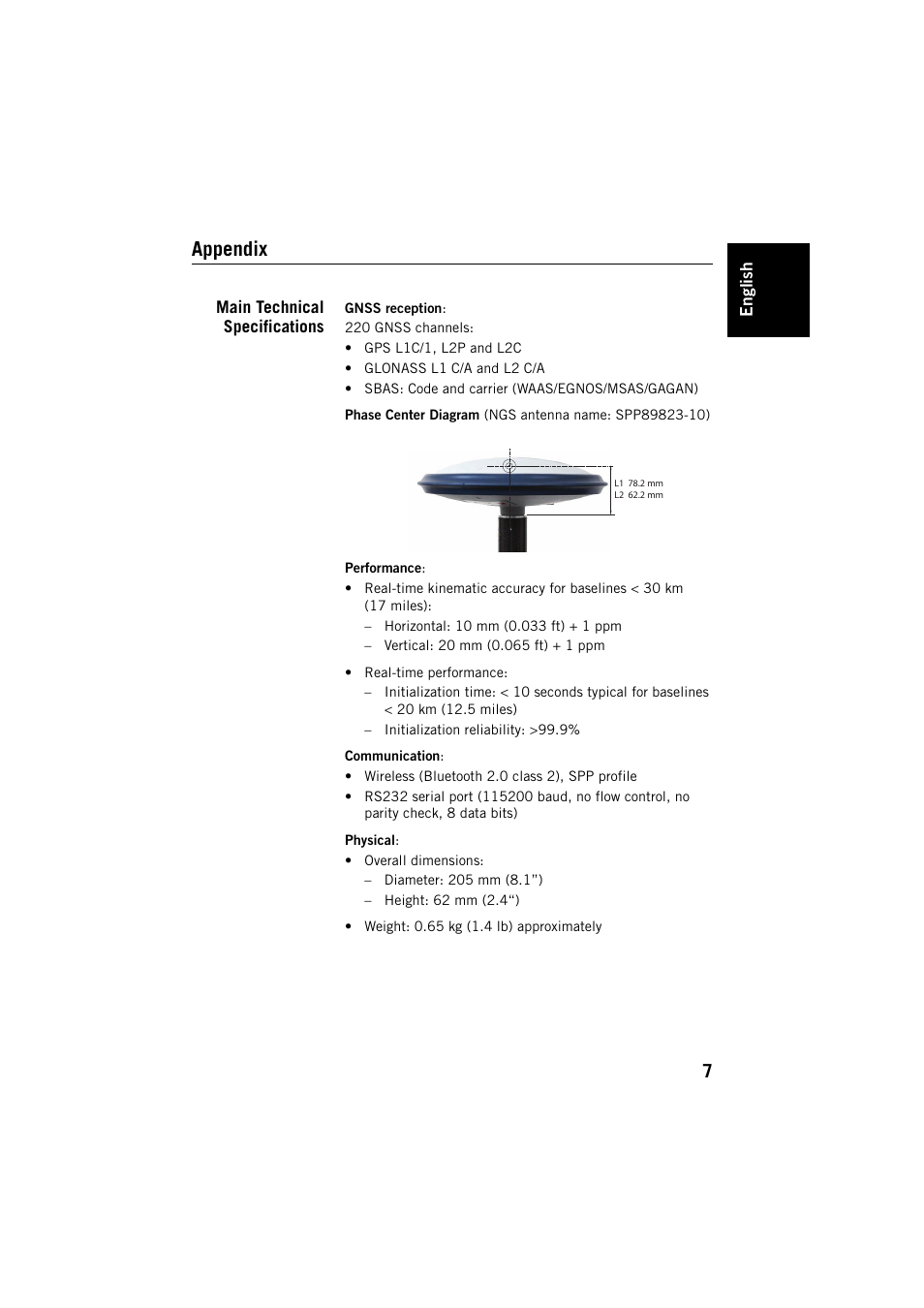 Appendix, Main technical specifications | Spectra Precision ProMark 700 User Guide User Manual | Page 11 / 18
