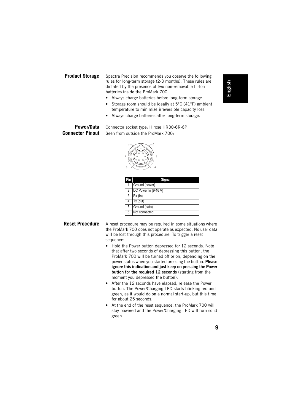 Product storage, Power/data connector pinout, Reset procedure | Engl ish | Spectra Precision ProMark 700 User Guide User Manual | Page 13 / 18