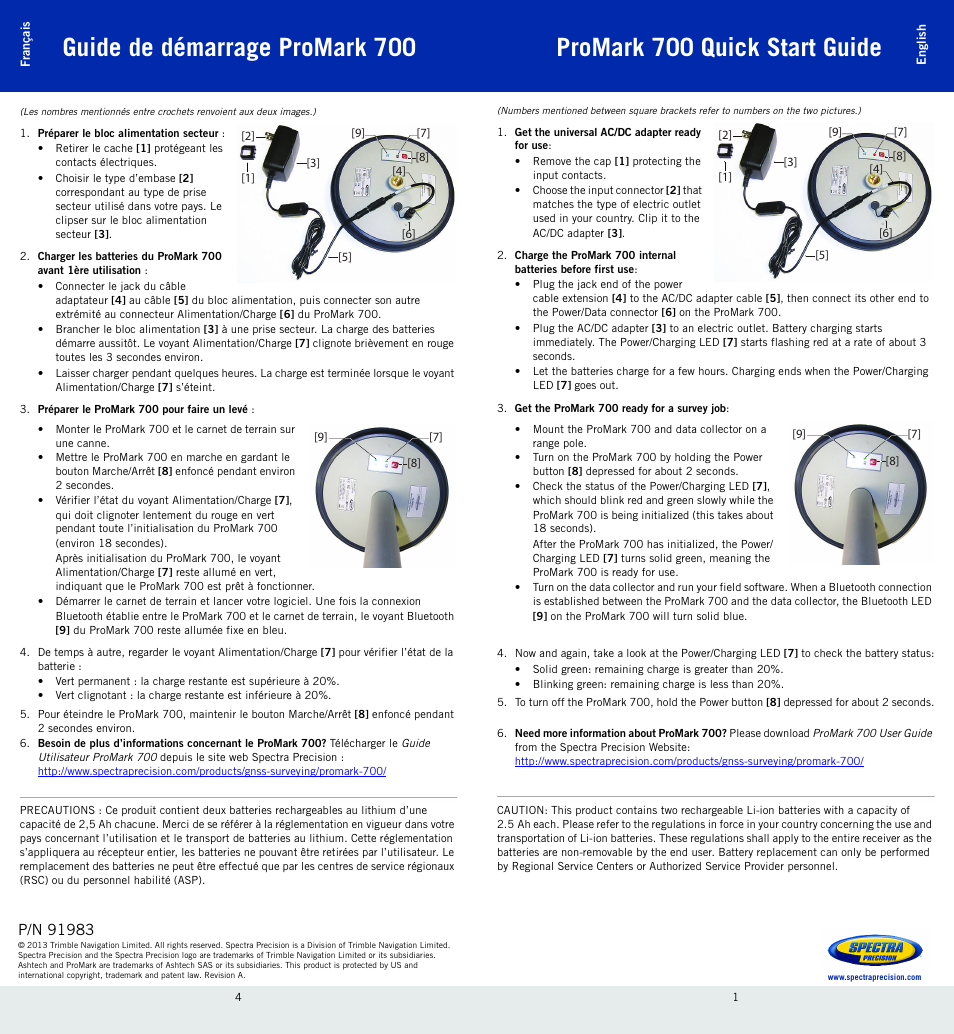 Promark 700 quick start guide, Guide de démarrage promark 700 | Spectra Precision ProMark 700 Quick Start Guide User Manual | Page 2 / 2