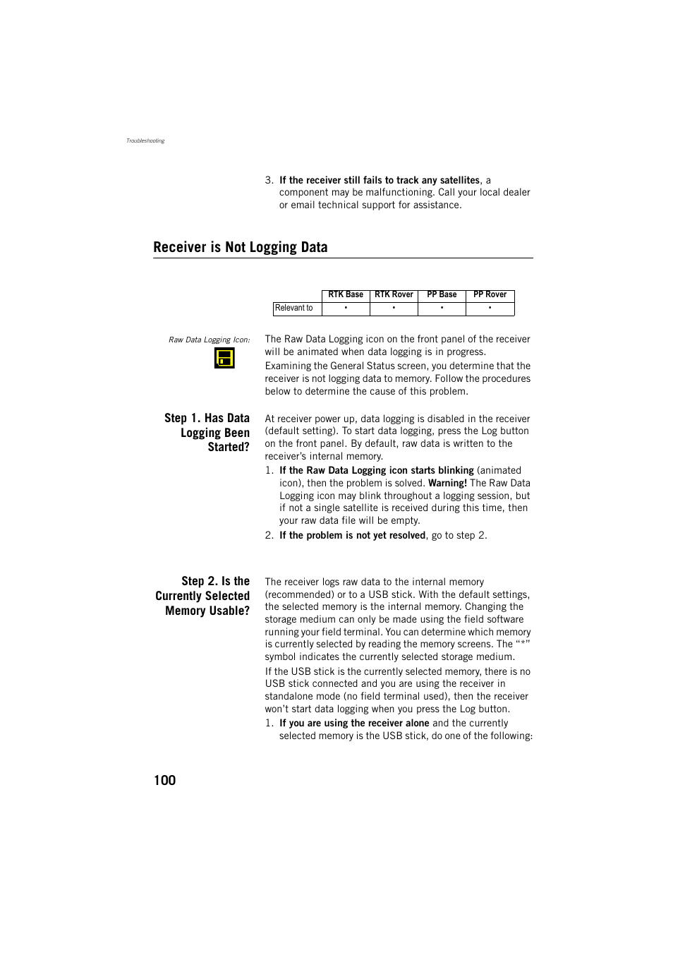 Receiver is not logging data | Spectra Precision ProMark 800 Reference Manual User Manual | Page 112 / 428