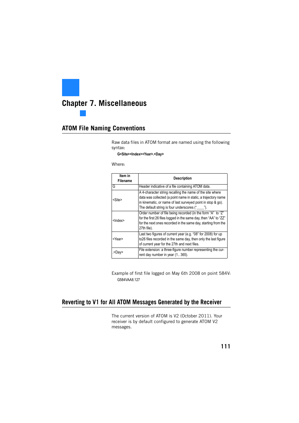Chapter 7. miscellaneous, Atom file naming conventions | Spectra Precision ProMark 800 Reference Manual User Manual | Page 123 / 428