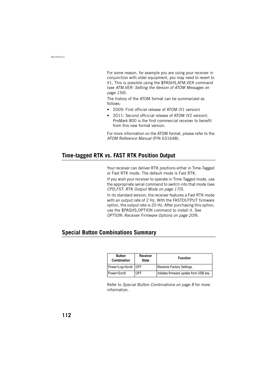 Time-tagged rtk vs. fast rtk position output, Special button combinations summary | Spectra Precision ProMark 800 Reference Manual User Manual | Page 124 / 428