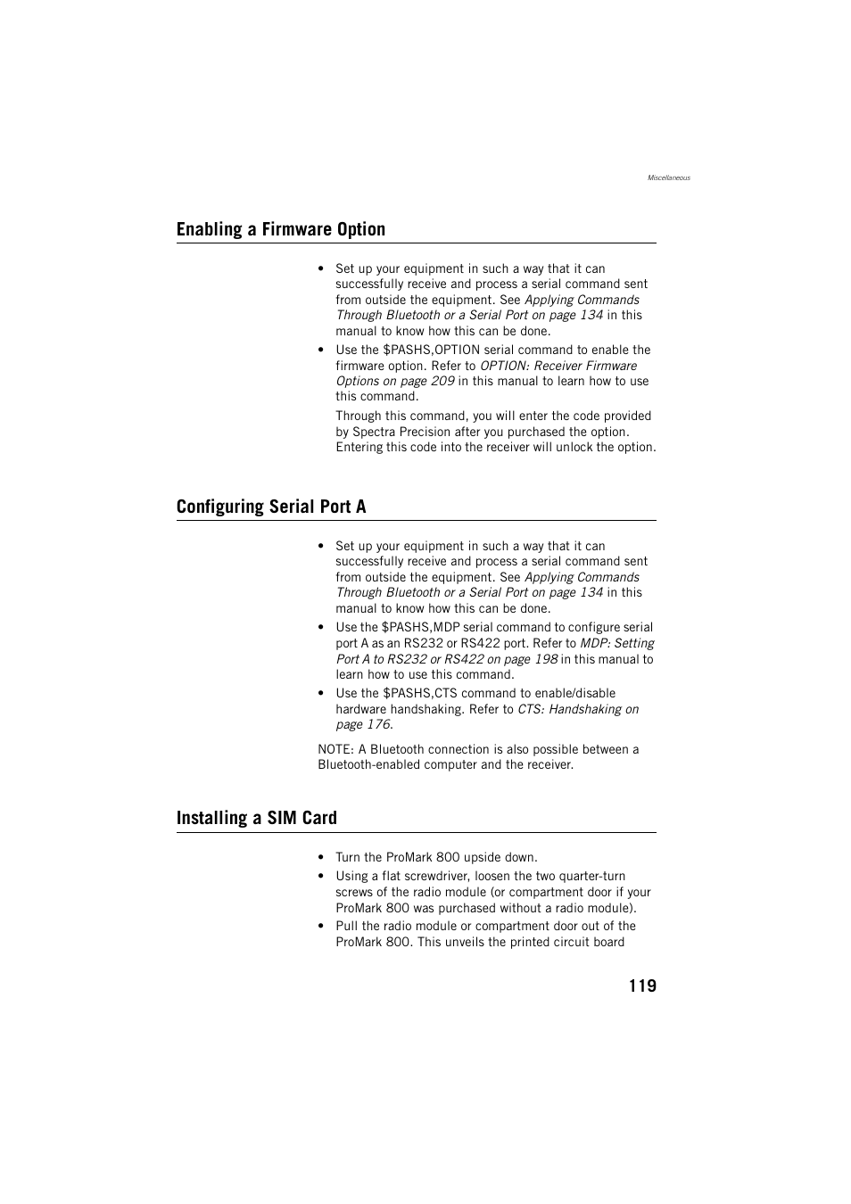 Enabling a firmware option, Configuring serial port a, Installing a sim card | Spectra Precision ProMark 800 Reference Manual User Manual | Page 131 / 428