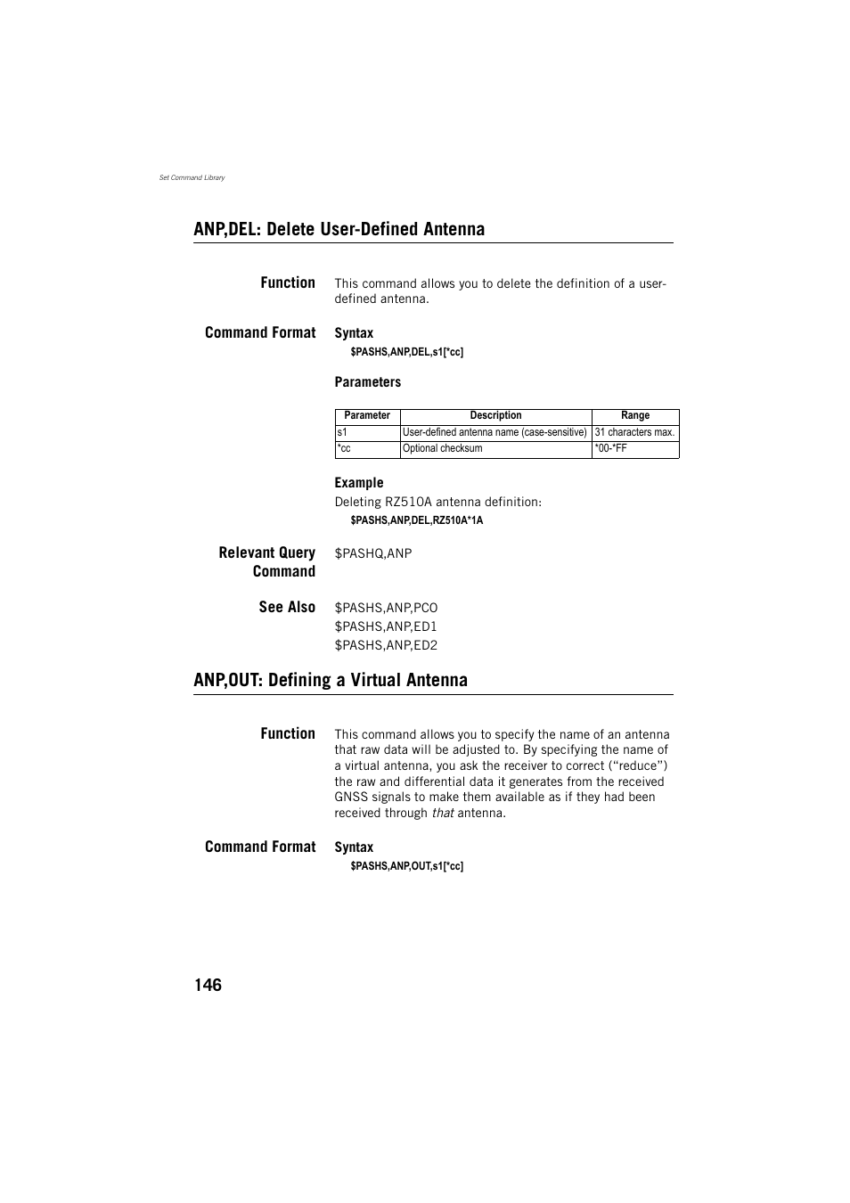 Anp,del: delete user-defined antenna, Anp,out: defining a virtual antenna | Spectra Precision ProMark 800 Reference Manual User Manual | Page 158 / 428