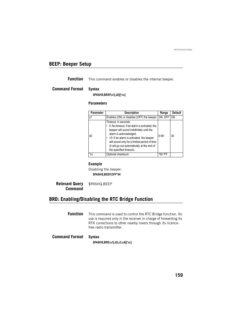 Beep: beeper setup, Brd: enabling/disabling the rtc bridge function | Spectra Precision ProMark 800 Reference Manual User Manual | Page 171 / 428