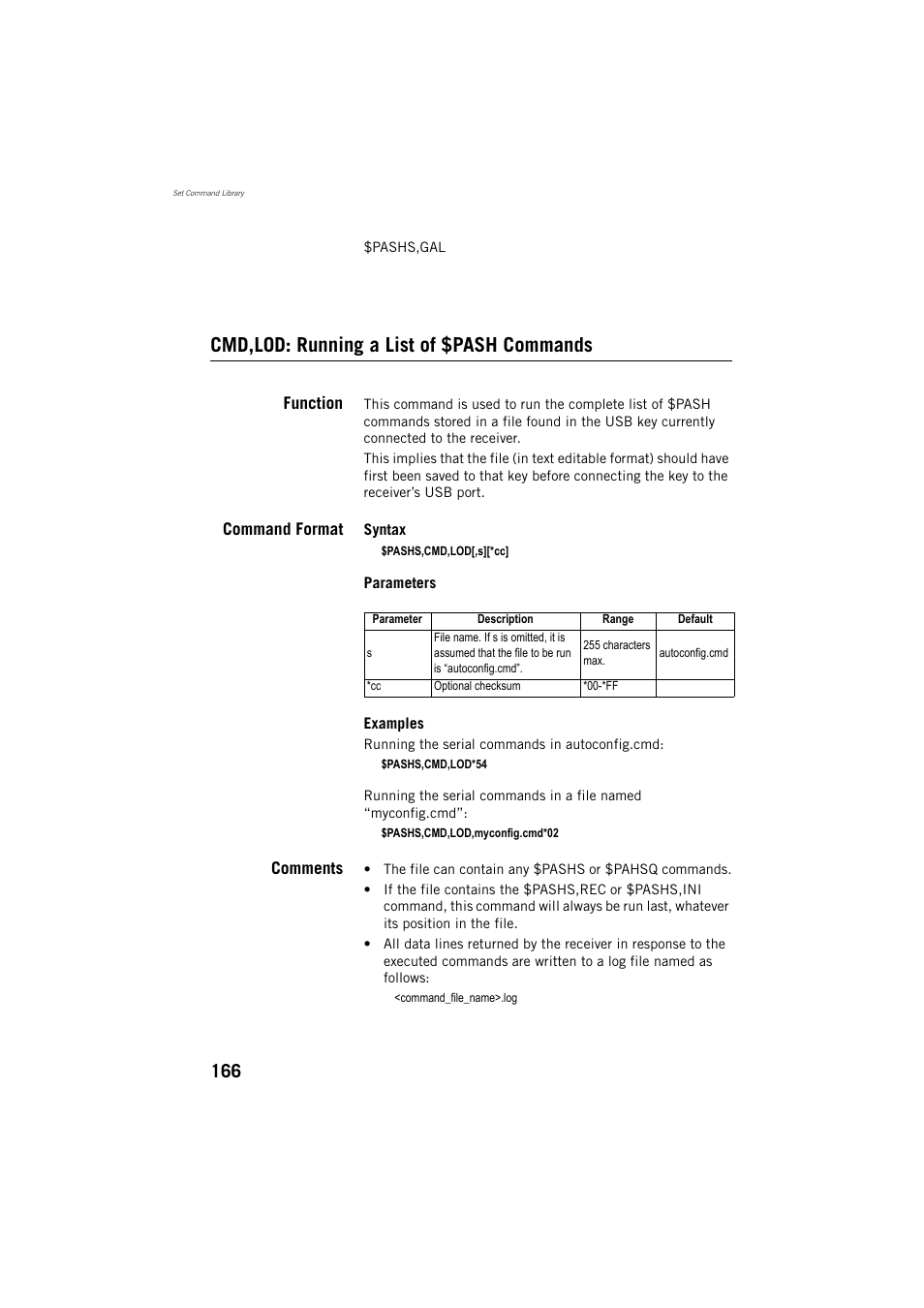 Cmd,lod: running a list of $pash commands | Spectra Precision ProMark 800 Reference Manual User Manual | Page 178 / 428