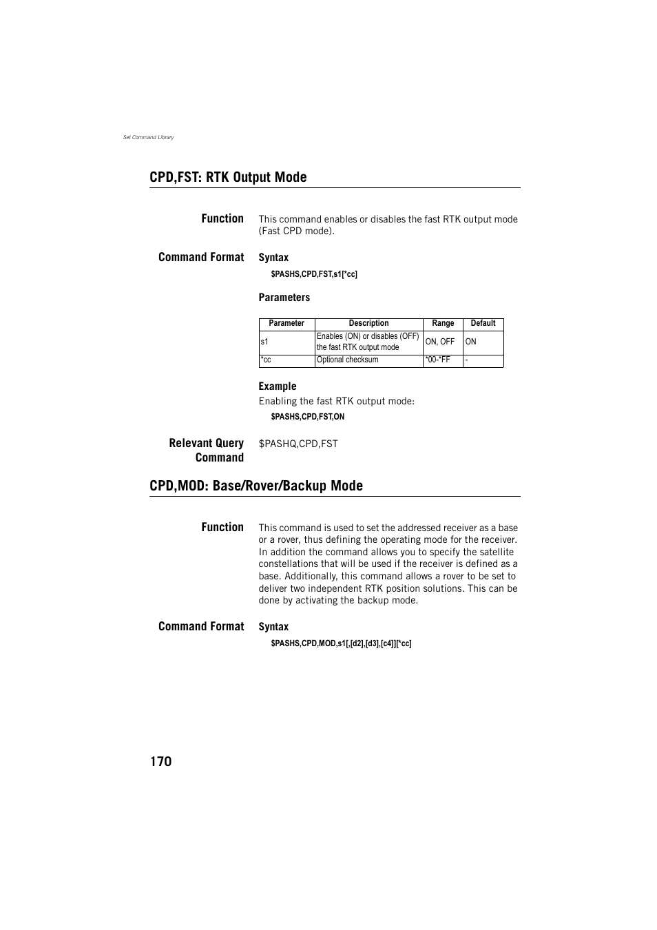 Cpd,fst: rtk output mode, Cpd,mod: base/rover/backup mode | Spectra Precision ProMark 800 Reference Manual User Manual | Page 182 / 428