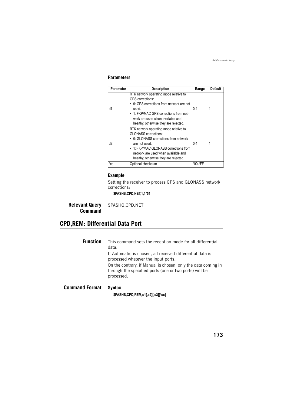 Cpd,rem: differential data port, Relevant query command, Function | Command format | Spectra Precision ProMark 800 Reference Manual User Manual | Page 185 / 428