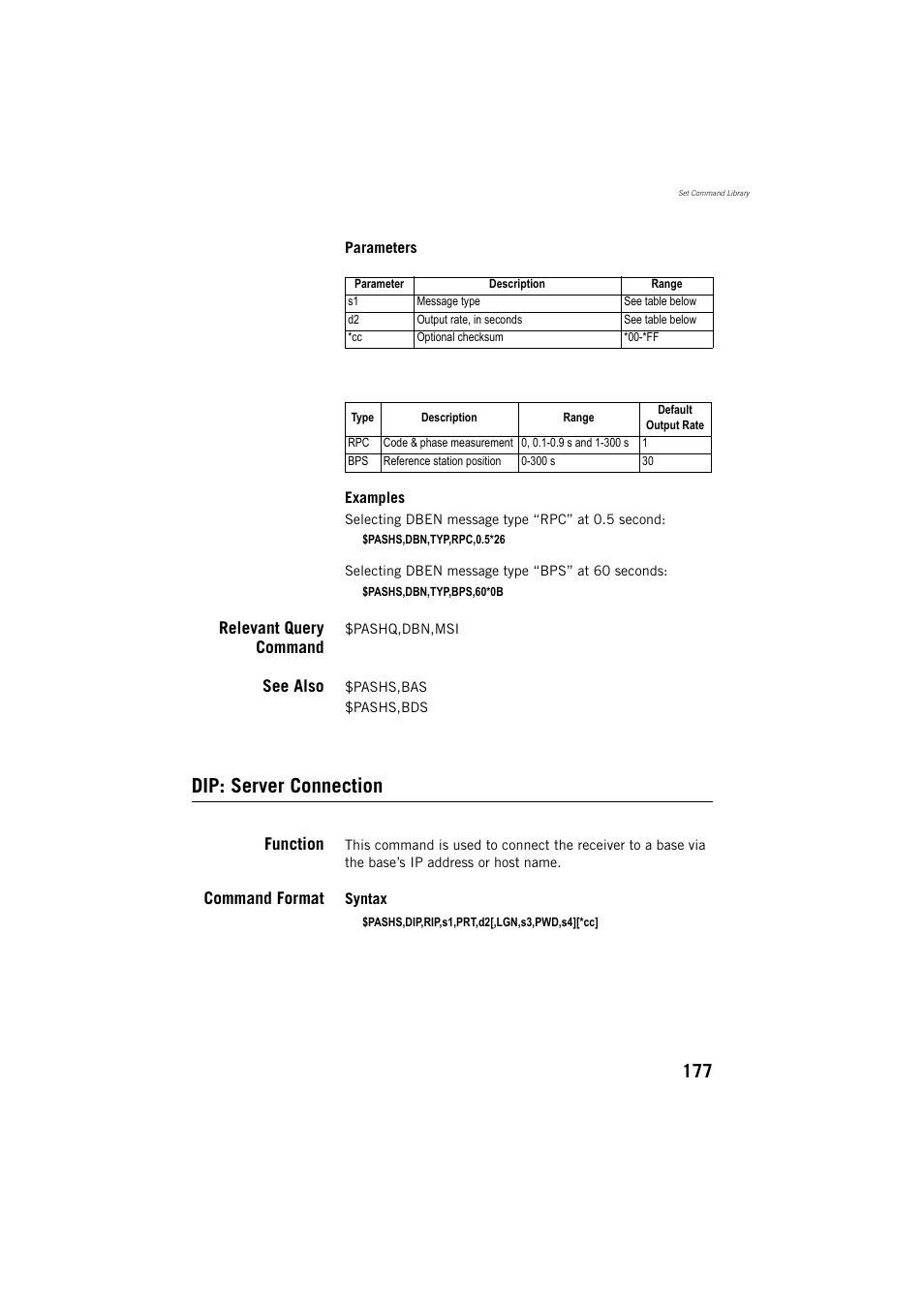 Dip: server connection, Relevant query command, See also | Function, Command format | Spectra Precision ProMark 800 Reference Manual User Manual | Page 189 / 428