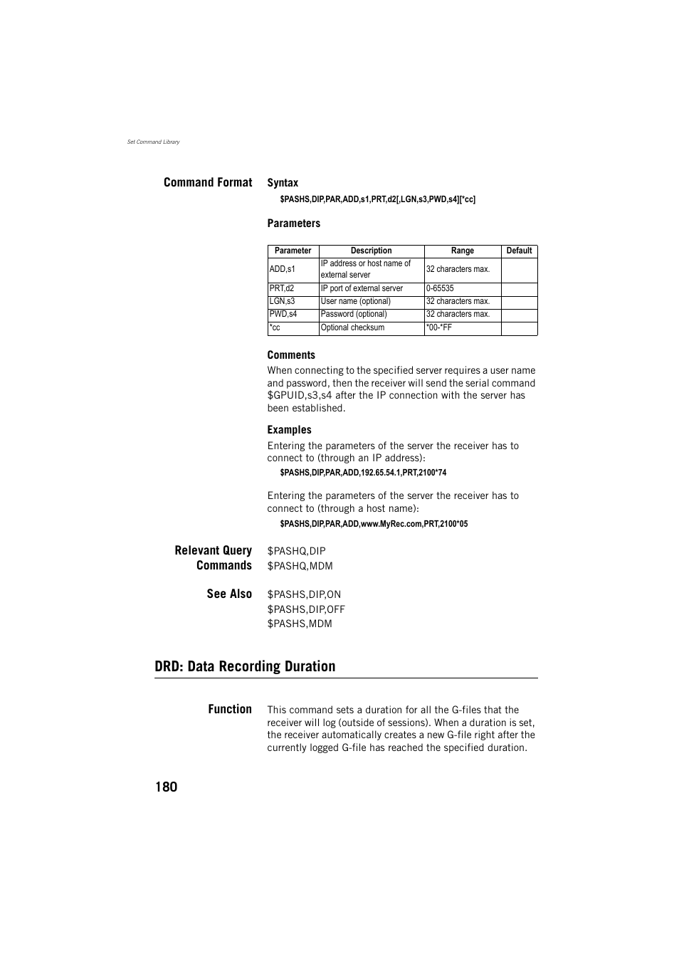 Drd: data recording duration, Command format, Relevant query commands | See also, Function | Spectra Precision ProMark 800 Reference Manual User Manual | Page 192 / 428