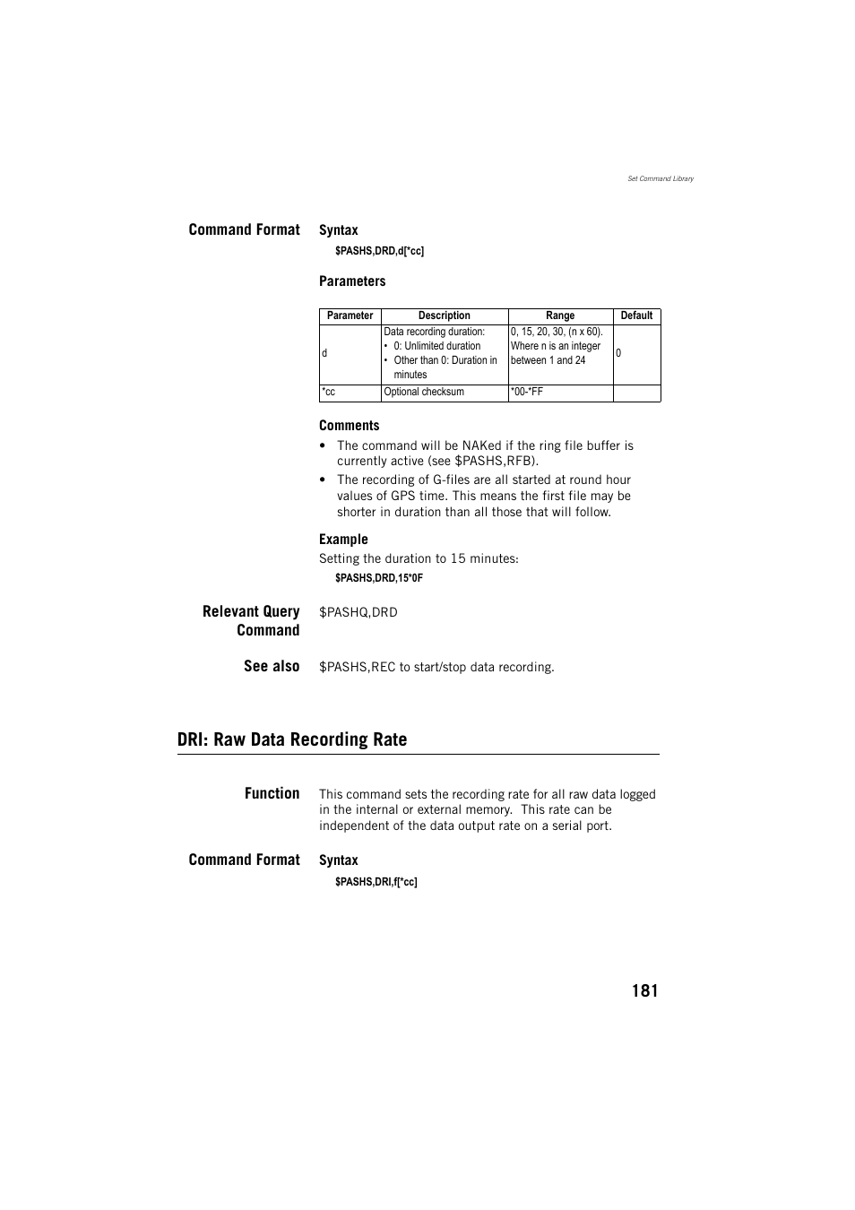 Dri: raw data recording rate | Spectra Precision ProMark 800 Reference Manual User Manual | Page 193 / 428