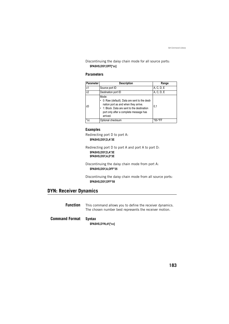 Dyn: receiver dynamics, Function, Command format | Spectra Precision ProMark 800 Reference Manual User Manual | Page 195 / 428