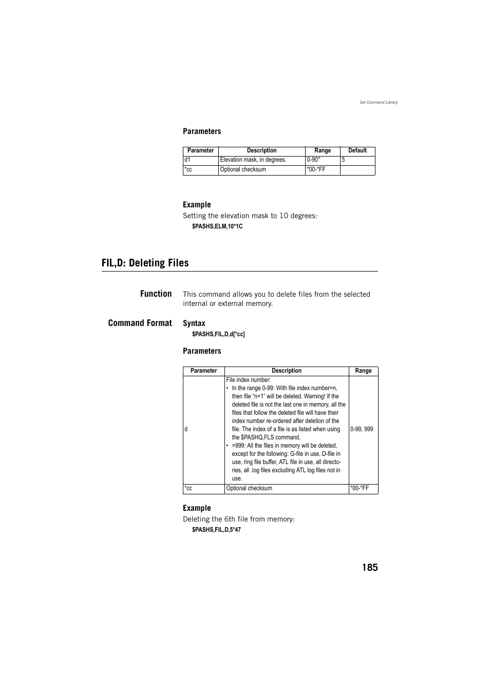 Fil,d: deleting files, Function, Command format | Spectra Precision ProMark 800 Reference Manual User Manual | Page 197 / 428