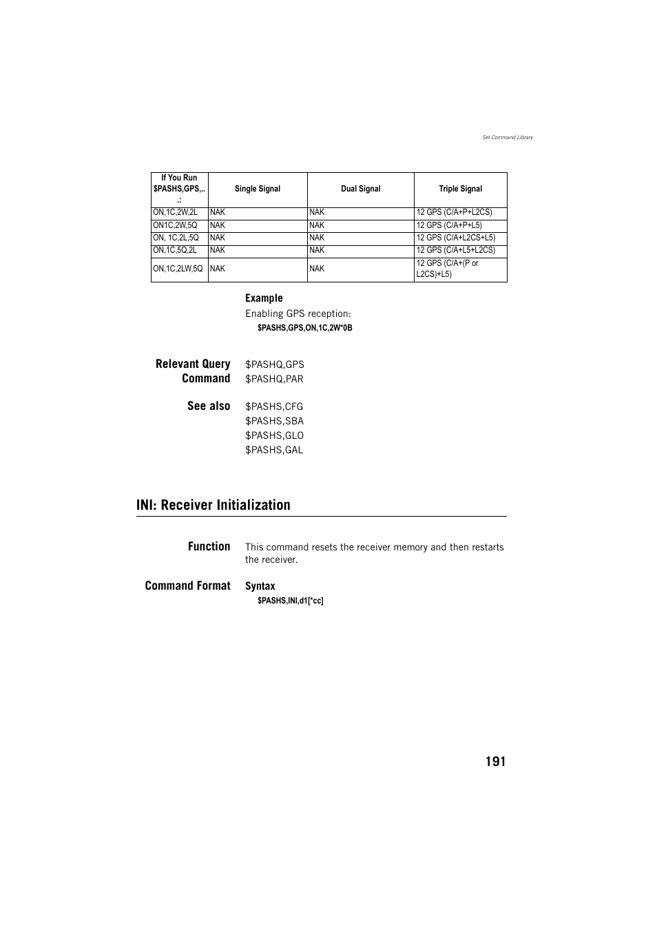 Ini: receiver initialization, Relevant query command, See also | Function, Command format | Spectra Precision ProMark 800 Reference Manual User Manual | Page 203 / 428