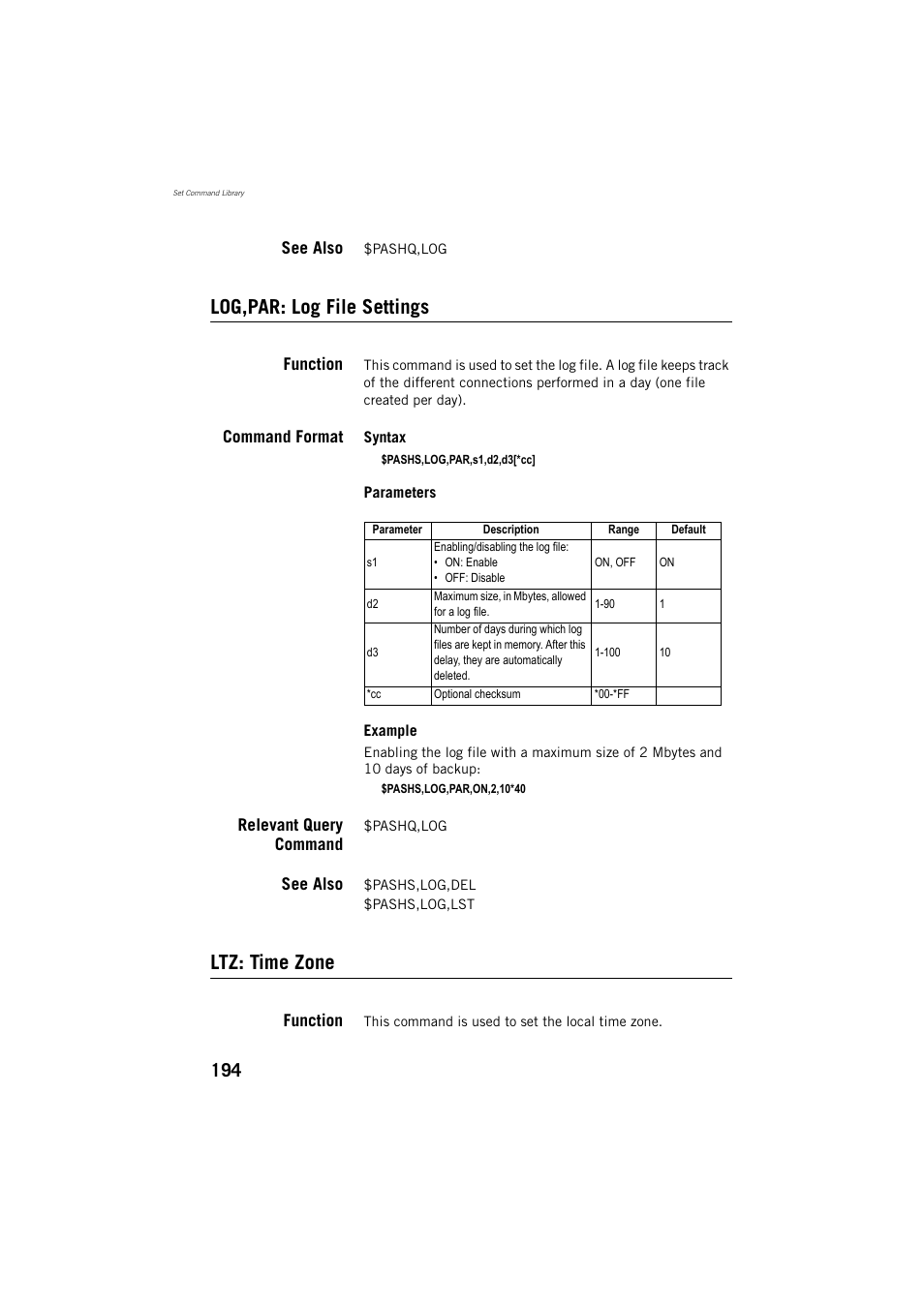 Log,par: log file settings, Ltz: time zone, Log,par: log file settings ltz: time zone | Spectra Precision ProMark 800 Reference Manual User Manual | Page 206 / 428