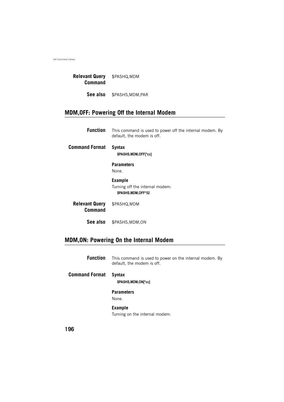 Mdm,off: powering off the internal modem, Mdm,on: powering on the internal modem | Spectra Precision ProMark 800 Reference Manual User Manual | Page 208 / 428