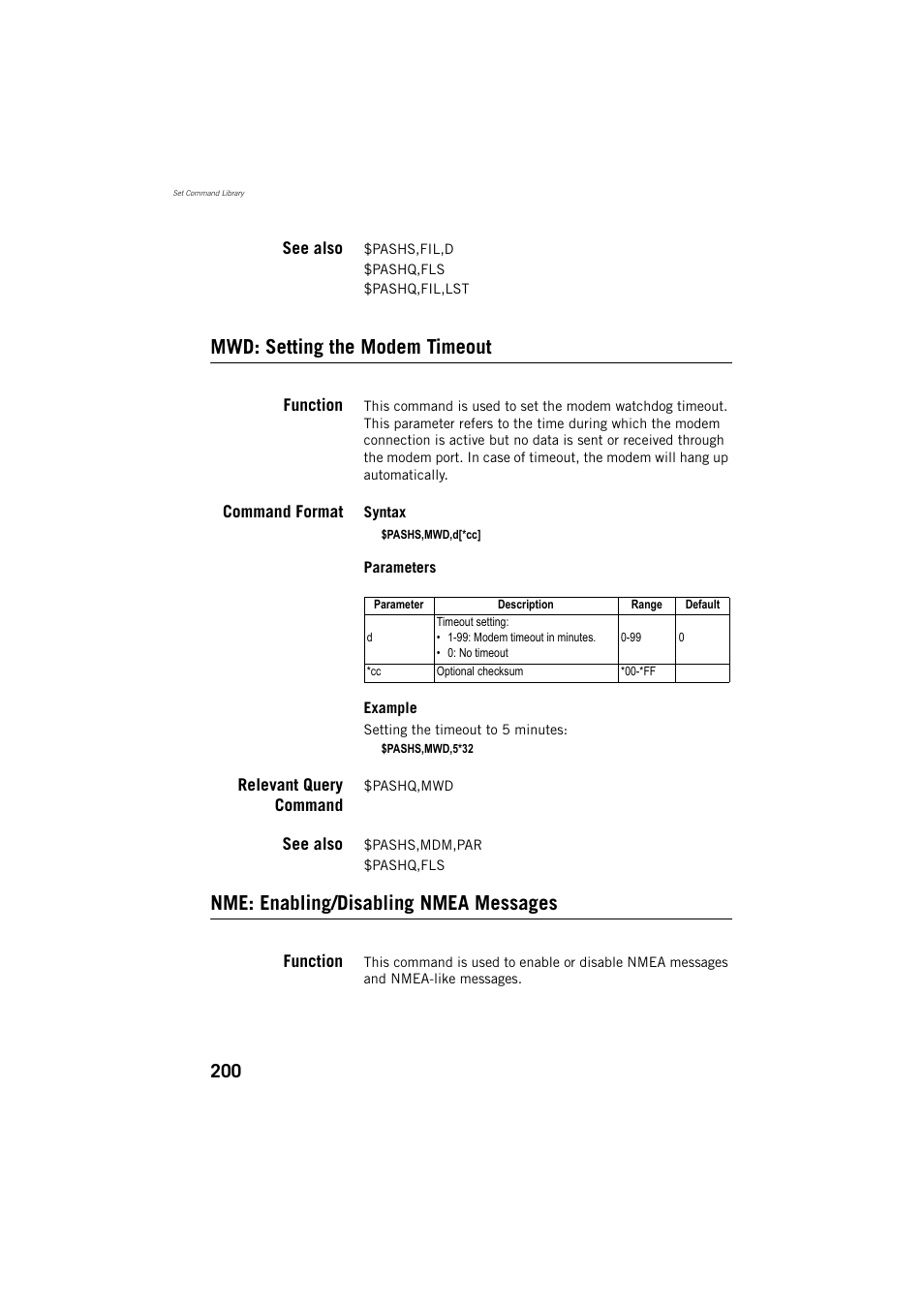 Mwd: setting the modem timeout, Nme: enabling/disabling nmea messages | Spectra Precision ProMark 800 Reference Manual User Manual | Page 212 / 428